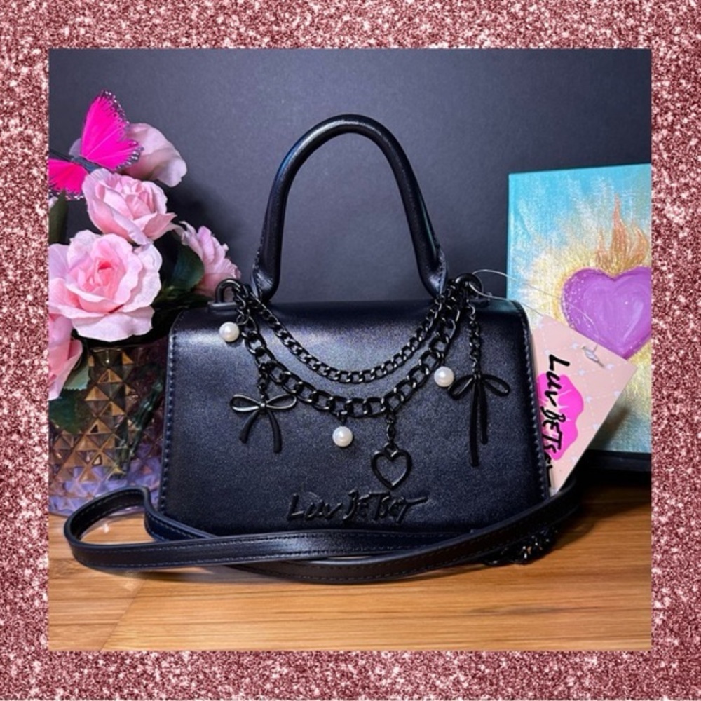 Betsey Johnson Black Shoulder Bag with Chain and Pearl Accents